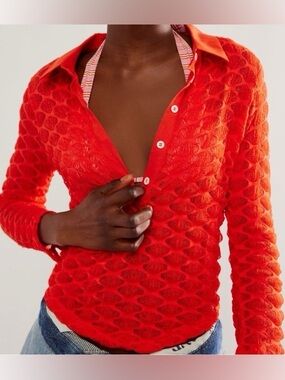 Free People Girl Next Door Polo L Cropped Coquette Slim Fit Orange Coral